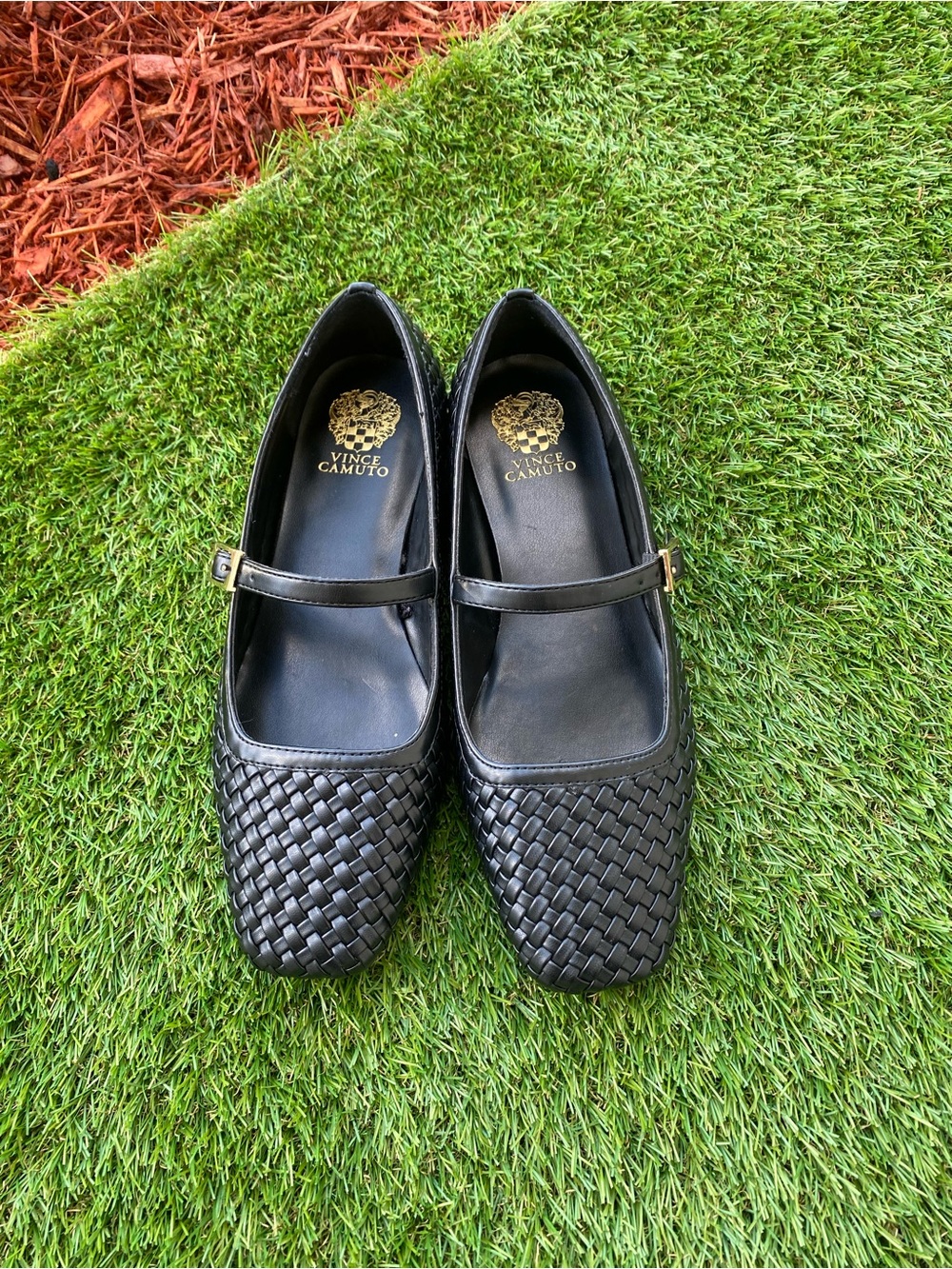 Vince Camuto Black Woven Mary Jane Flats with Strap